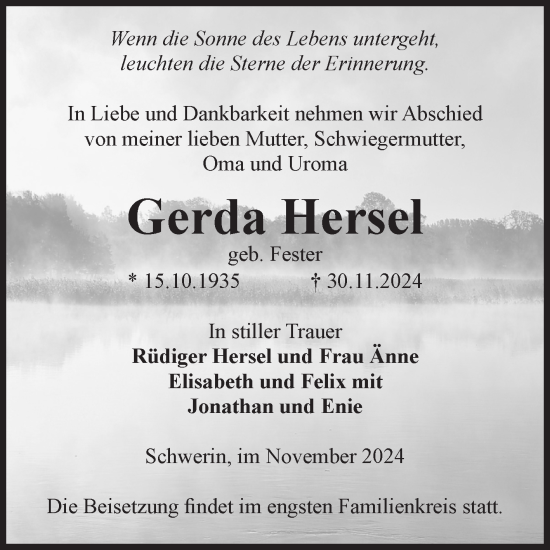 Traueranzeige von Gerda Hersel von Volksstimme Oschersleben/Wanzleben
