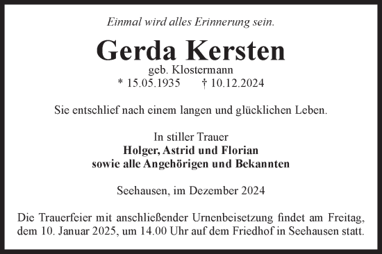 Traueranzeige von Gerda Kersten von Volksstimme Altmark Ost