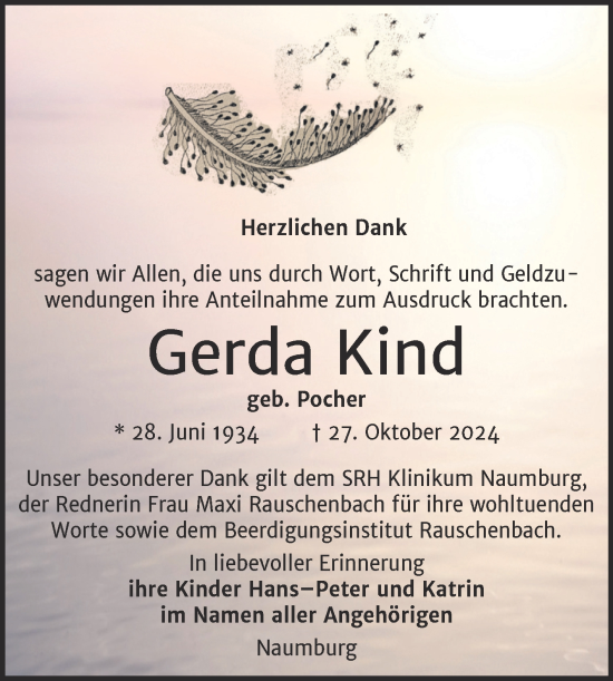 Traueranzeige von Gerda Kind von Super Sonntag Naumburg/Nebra