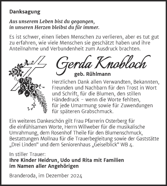 Traueranzeige von Gerda Knobloch von Trauerkombi Merseburg