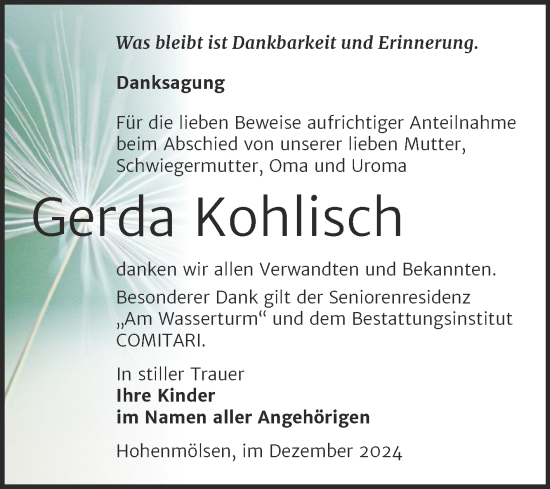 Traueranzeige von Gerda Kohlisch von Trauerkombi Weißenfels
