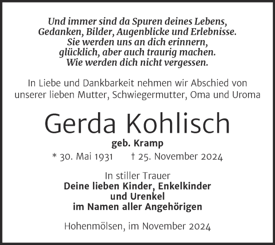 Traueranzeige von Gerda Kohlisch von Trauerkombi Weißenfels