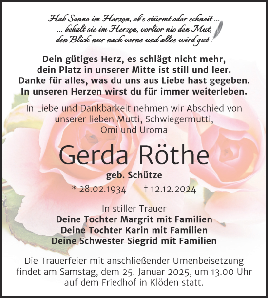 Traueranzeige von Gerda Röthe von Trauerkombi Wittenberg