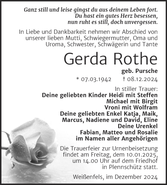 Traueranzeige von Gerda Rothe von Mitteldeutsche Zeitung Weißenfels