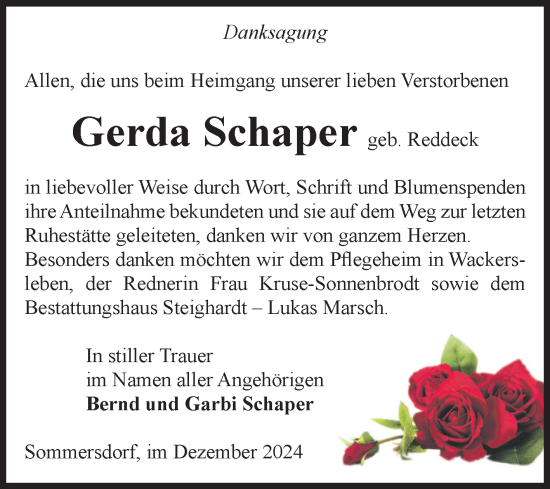 Traueranzeige von Gerda Schaper von Volksstimme Oschersleben/Wanzleben