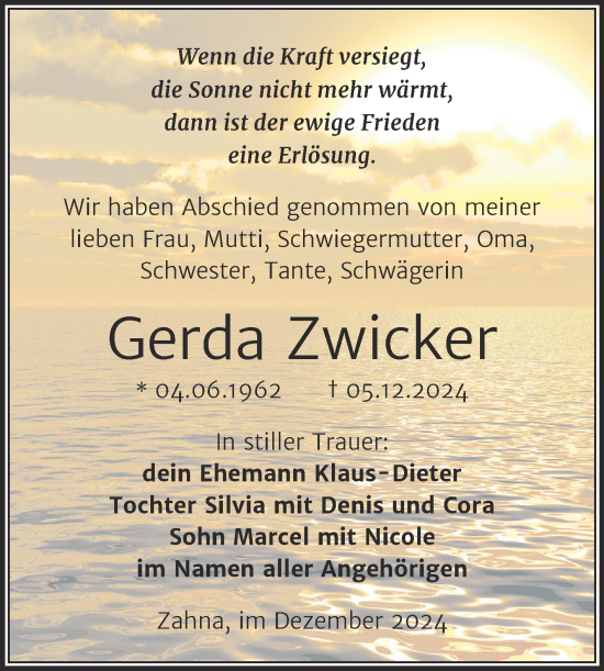 Traueranzeige von Gerda Zwicker von Trauerkombi Wittenberg