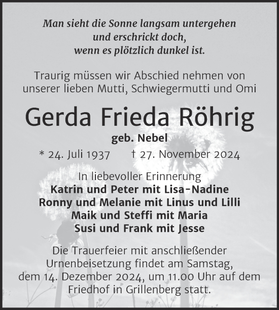 Traueranzeige von Gerda Frieda Röhrig von Trauerkombi Sangerhausen