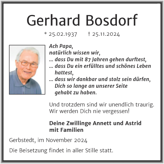 Traueranzeige von Gerhard Bosdorf von Trauerkombi Mansfelder Land