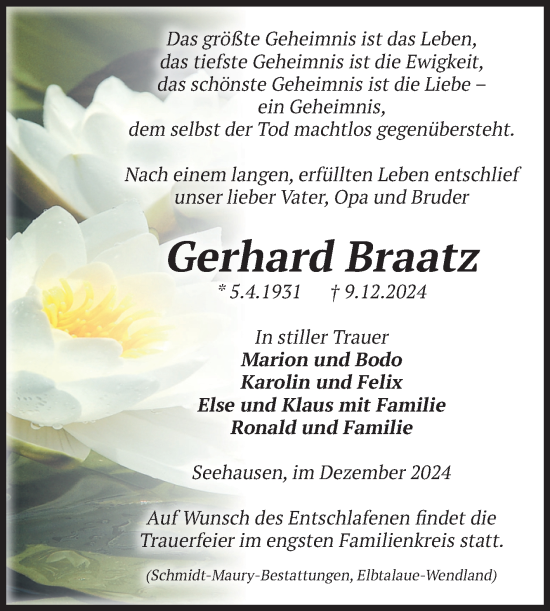 Traueranzeige von Gerhard Braatz von Volksstimme Altmark Ost