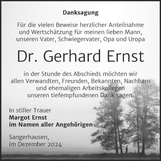 Traueranzeige von Gerhard Ernst von Trauerkombi Sangerhausen
