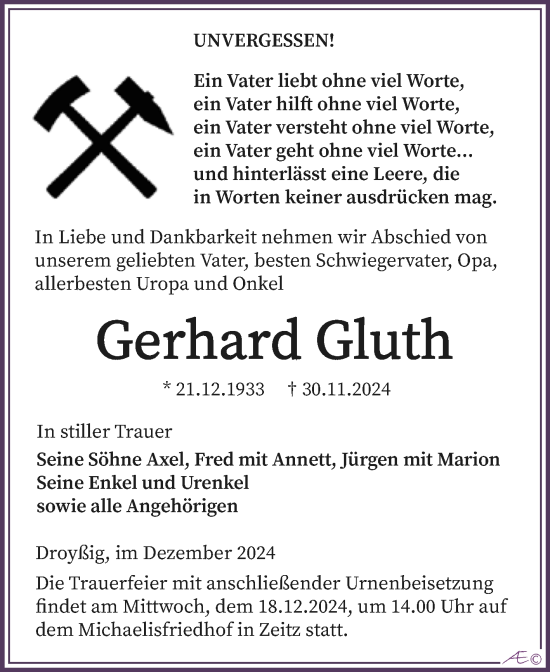 Traueranzeige von Gerhard Gluth von Super Sonntag Zeitz