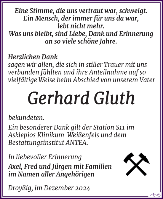 Traueranzeige von Gerhard Gluth von Trauerkombi Zeitz