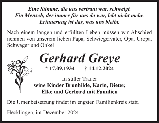 Traueranzeige von Gerhard Greye von Volksstimme Staßfurt