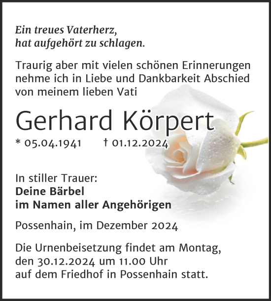 Traueranzeige von Gerhard Körpert von Super Sonntag Naumburg/Nebra