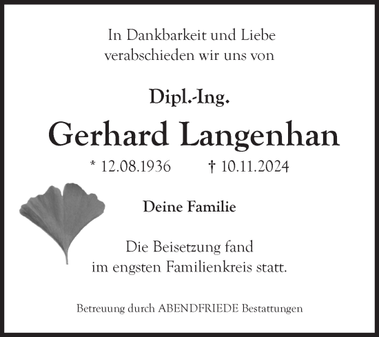 Traueranzeige von Gerhard Langenhan von Volksstimme Burg/Genthin