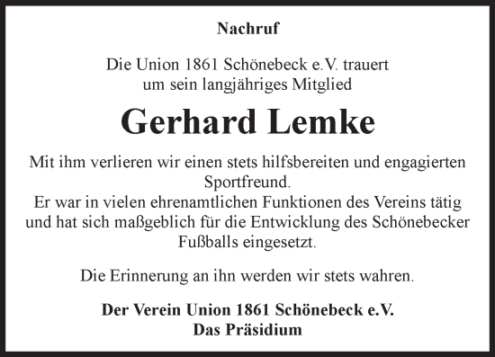Traueranzeige von Gerhard Lemke von Volksstimme Schönebeck