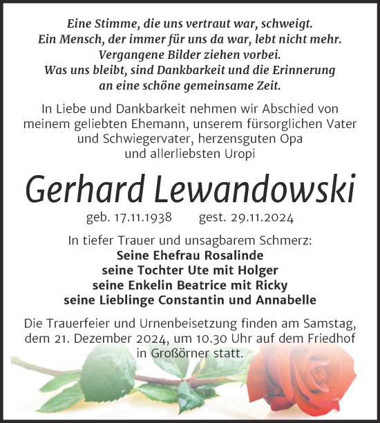 Traueranzeige von Gerhard Lewandowski von Trauerkombi Mansfelder Land