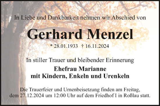 Traueranzeige von Gerhard Menzel von Trauerkombi Dessau