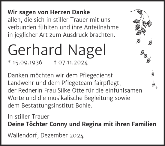 Traueranzeige von Gerhard Nagel von Trauerkombi Merseburg
