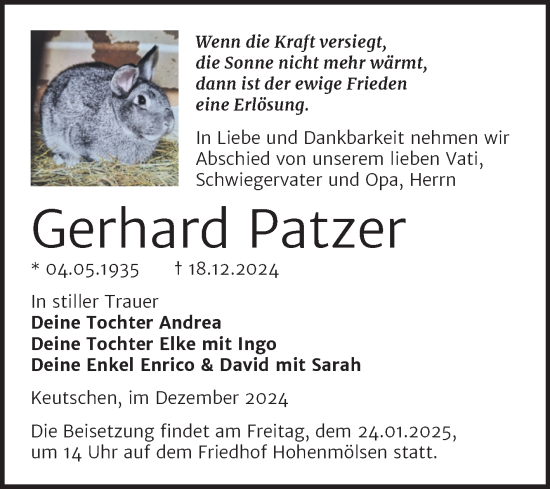 Traueranzeige von Gerhard Patzer von Trauerkombi Weißenfels