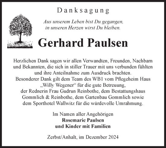 Traueranzeige von Gerhard Paulsen von Volksstimme Zerbst