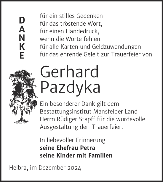 Traueranzeige von Gerhard Pazdyka von Trauerkombi Mansfelder Land