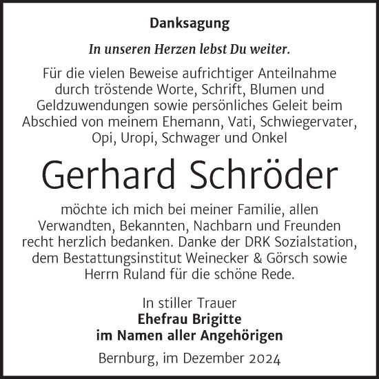 Traueranzeige von Gerhard Schröder von Trauerkombi Bernburg