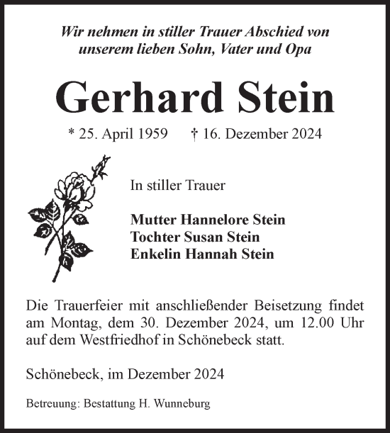 Traueranzeige von Gerhard Stein von Volksstimme Schönebeck