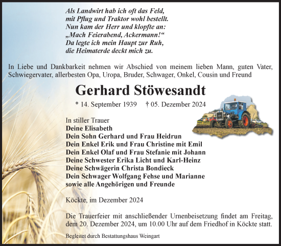 Traueranzeige von Gerhard Stöwesandt von Volksstimme Altmark West