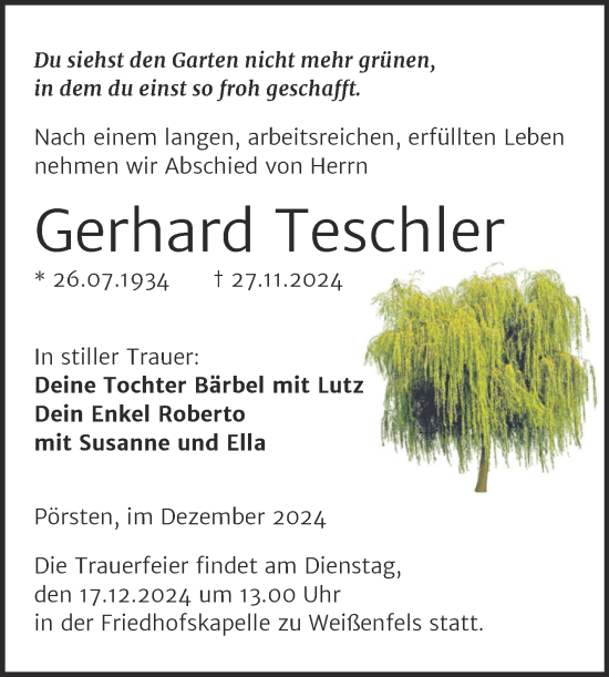 Traueranzeige von Gerhard Teschler von Trauerkombi Weißenfels