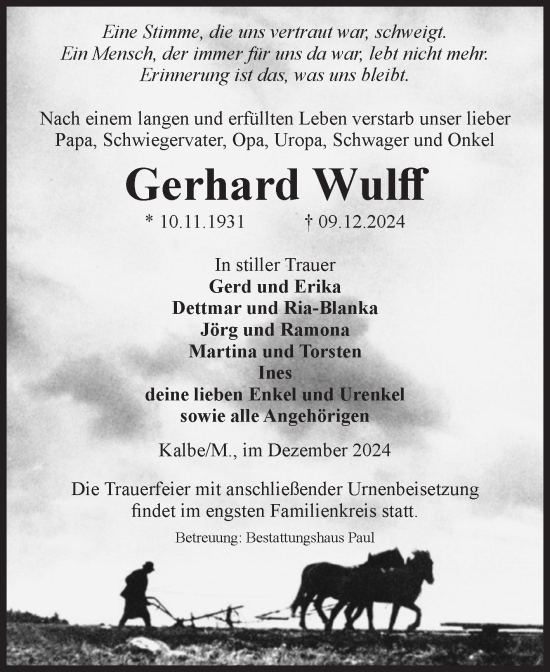 Traueranzeige von Gerhard Wulff von Volksstimme Altmark West