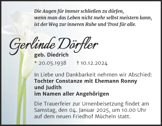 Traueranzeige von Gerlinde Dörfler von Trauerkombi Merseburg