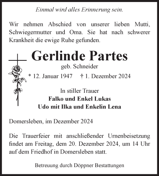 Traueranzeige von Gerlinde Partes von Volksstimme Oschersleben/Wanzleben