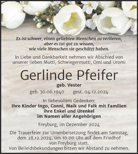 Traueranzeige von Gerlinde Pfeifer von Super Sonntag Naumburg/Nebra