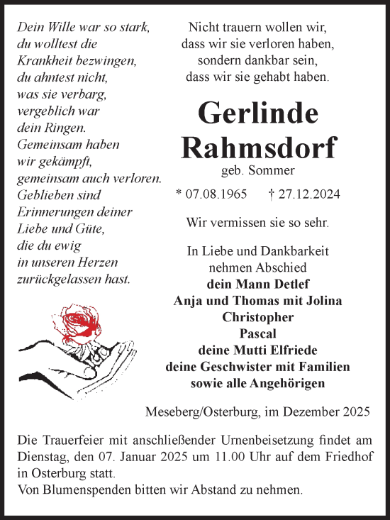 Traueranzeige von Gerlinde Rahmsdorf von Volksstimme Altmark Ost