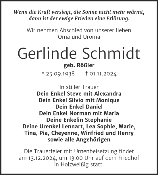Traueranzeige von Gerlinde Schmidt von Trauerkombi Bitterfeld