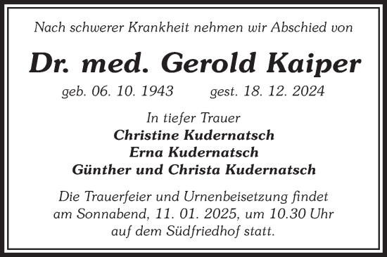 Traueranzeige von Gerold Kaiper von Volksstimme Magdeburg