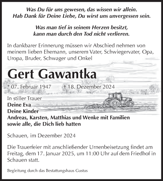 Traueranzeige von Gert Gawantka von Volksstimme Halberstadt