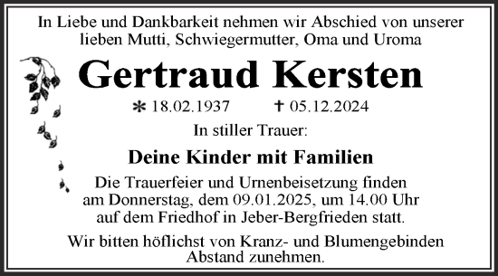 Traueranzeige von Gertraud Kersten von Trauerkombi Wittenberg