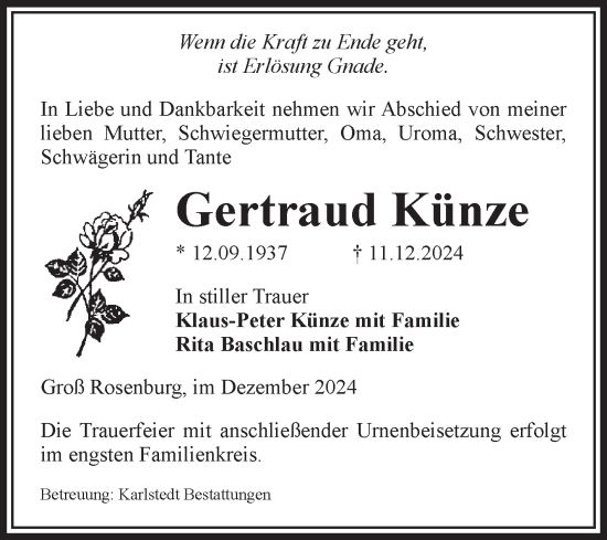 Traueranzeige von Gertraud Künze von Volksstimme Schönebeck