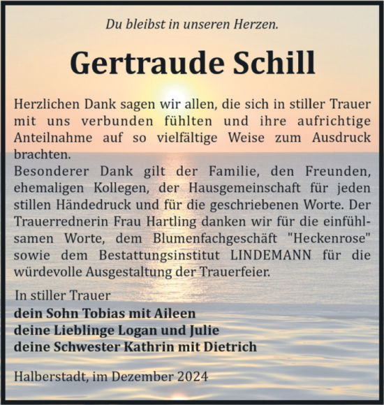 Traueranzeige von Gertraude Schill von Volksstimme Halberstadt