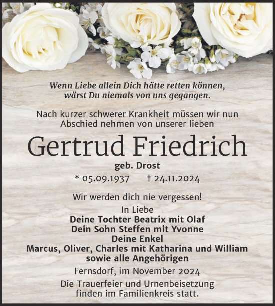 Traueranzeige von Gertrud Friedrich von Trauerkombi Köthen