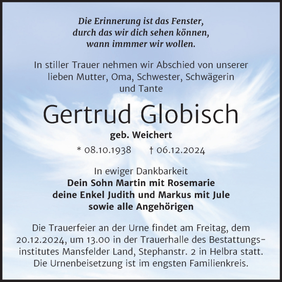 Traueranzeige von Gertrud Globisch von Trauerkombi Mansfelder Land