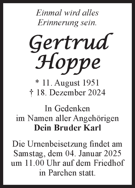 Traueranzeige von Gertrud Hoppe von Volksstimme Burg/Genthin