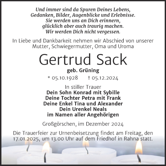 Traueranzeige von Gertrud Sack von Trauerkombi Weißenfels