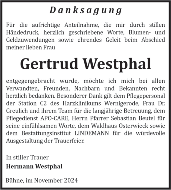 Traueranzeige von Gertrud Westphal von Volksstimme Halberstadt