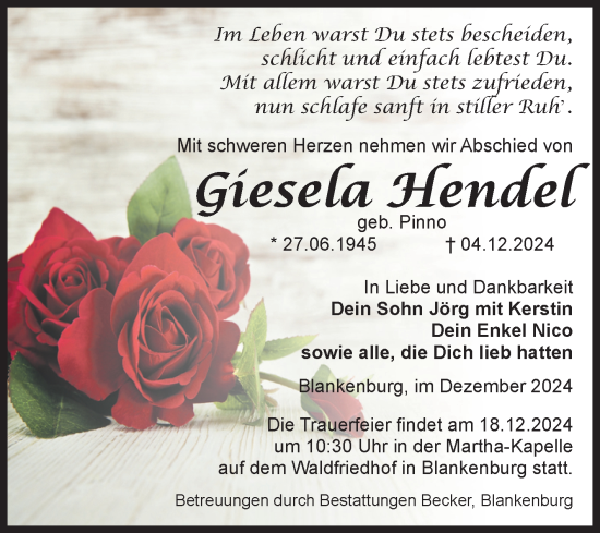 Traueranzeige von Giesela Hendel von Volksstimme Wernigerode