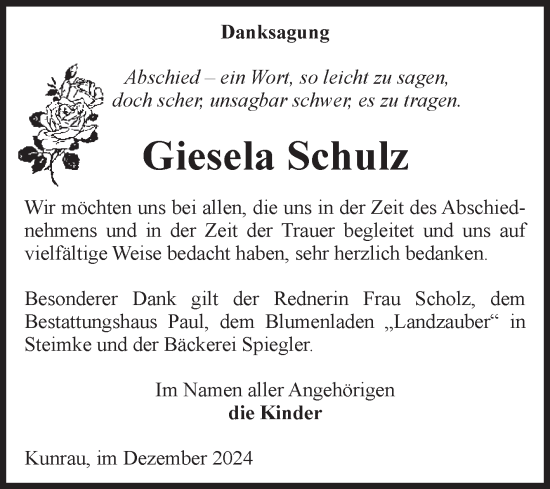 Traueranzeige von Giesela Schulz von Volksstimme Altmark West