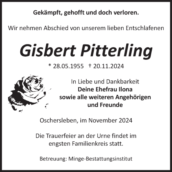Traueranzeige von Gisbert Pitterling von Volksstimme Oschersleben/Wanzleben