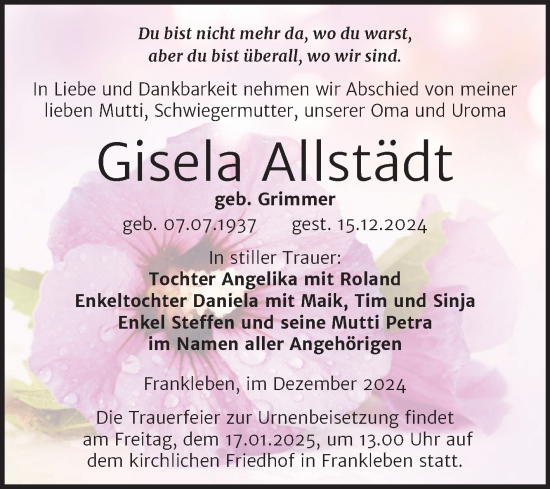 Traueranzeige von Gisela Allstädt von Trauerkombi Merseburg
